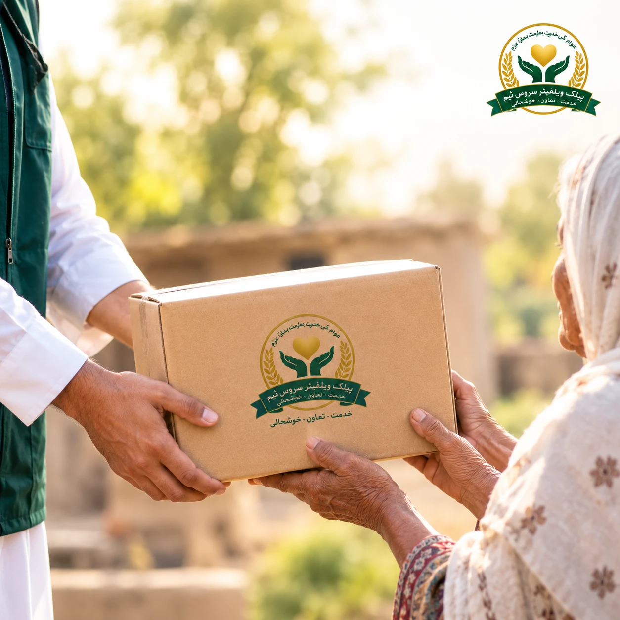 A volunteer handing a ration box to an elderly woman