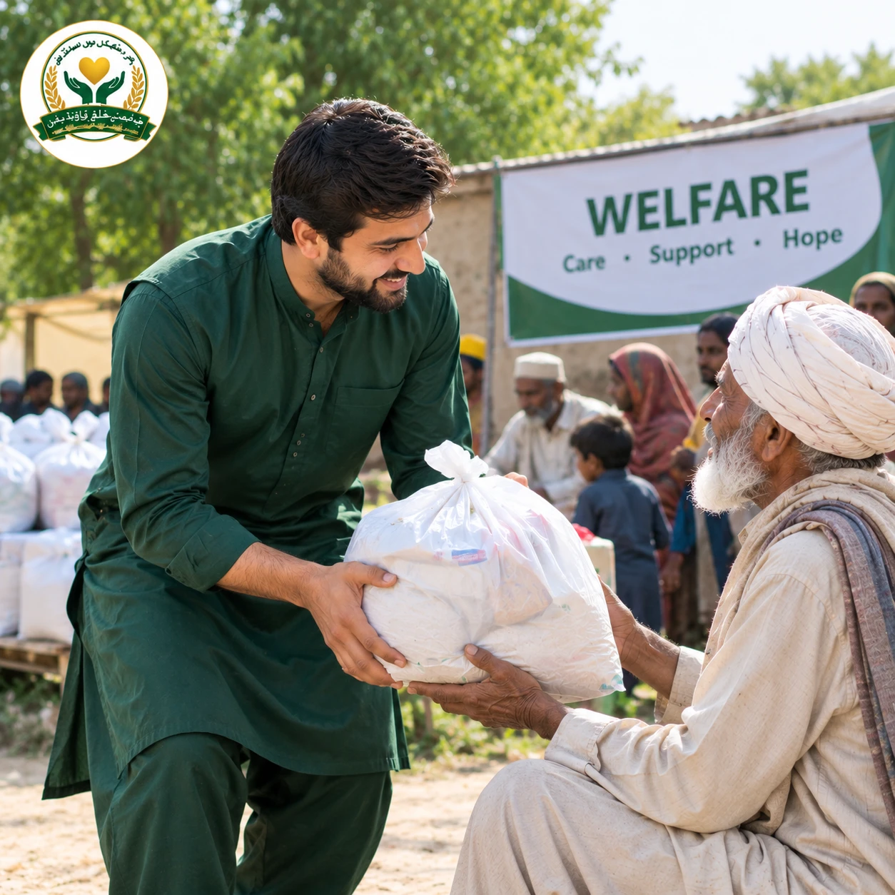 A volunteer handing a ration bag to an elderly man