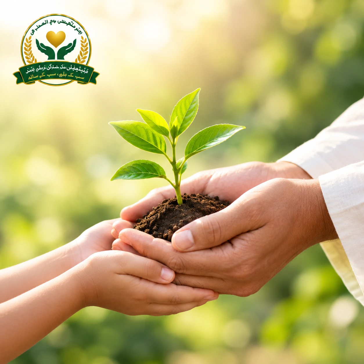 Hands passing on a young plant